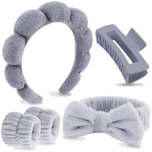 VELSCRUN Grey Puffy Sponge Spa Headband Bow Tie Hair Band Hair Clips Wristband Set 5 Pcs Spa Headbands for Wash Face