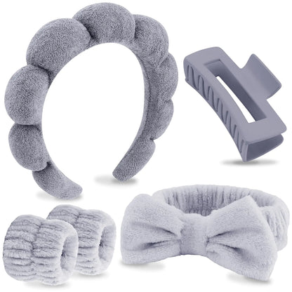 VELSCRUN Grey Puffy Sponge Spa Headband Bow Tie Hair Band Hair Clips Wristband Set 5 Pcs Spa Headbands for Wash Face
